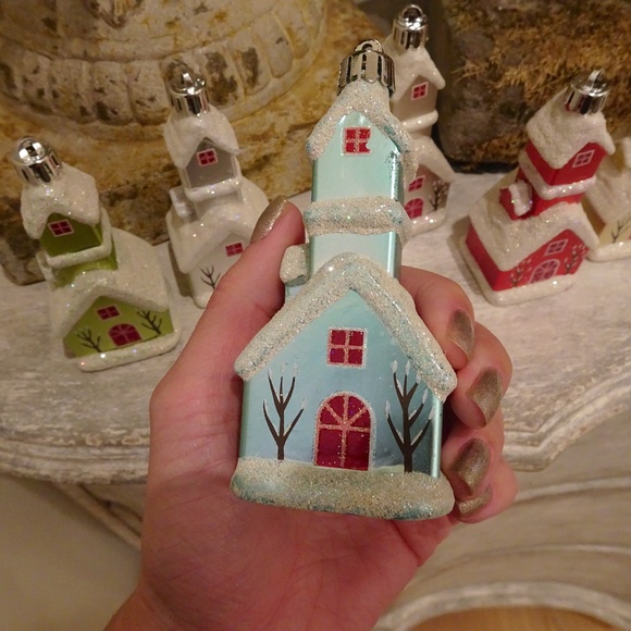 Sparkly Snow Christmas Cottage Glass Ornaments Winter Wonderland - Set of 6 - Picture 6 of 6